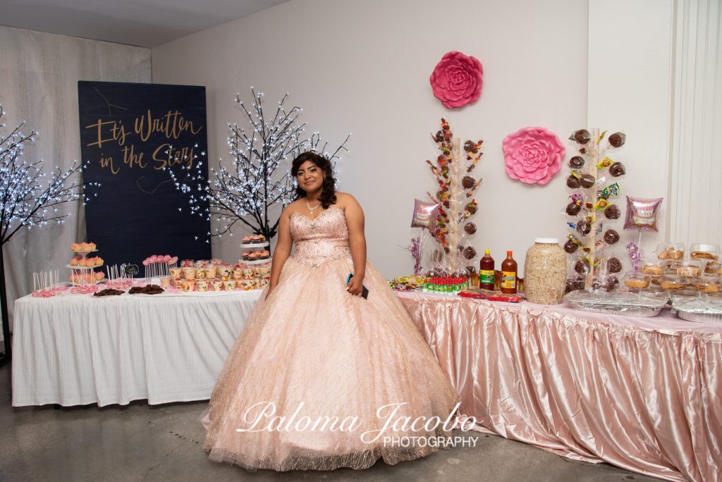 Dessert table in blush pink and gold at Boulevard Hall by Paloma Jacobo Photography