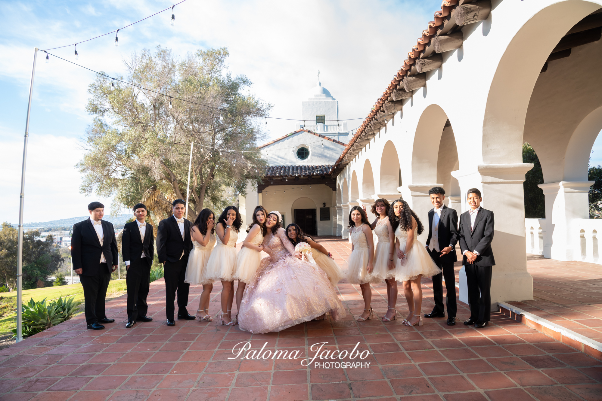 Quinceanera photo shoot with Damas and Chambelanes at the Junipero Serra Museum in San Diego
