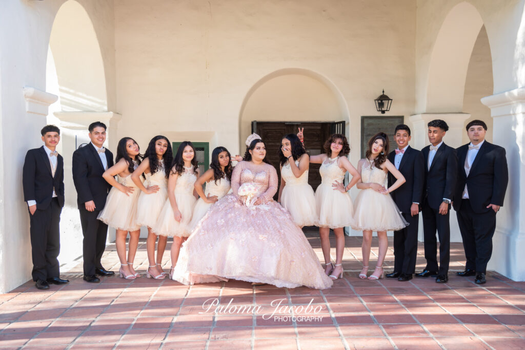 Quinceanera photo shoot with Damas and Chambelanes at the Junipero Serra Museum in San Diego