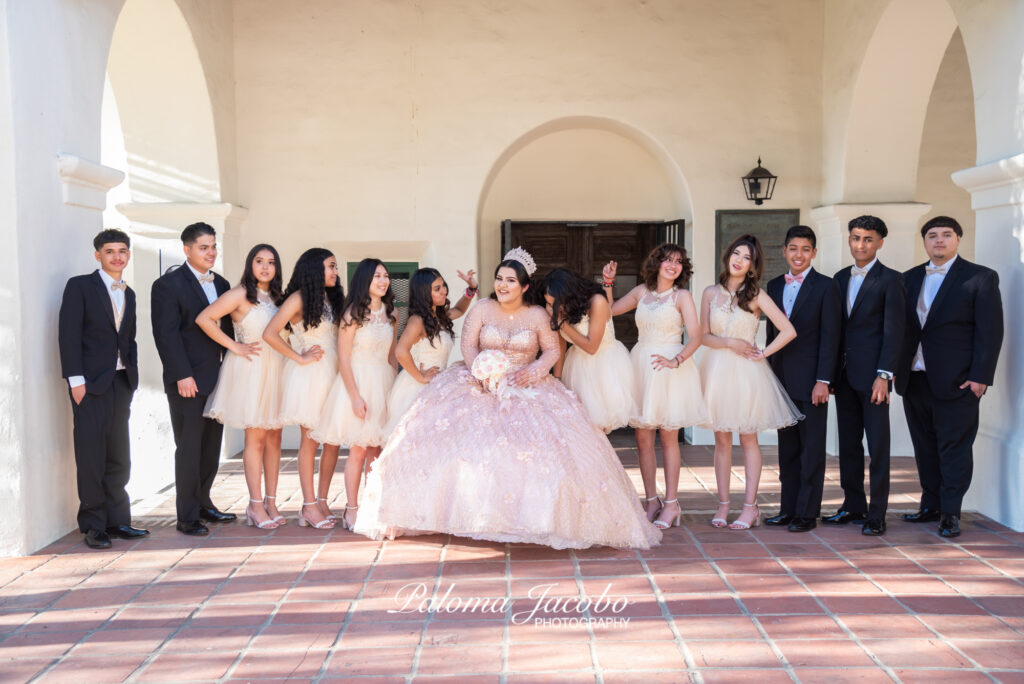 Quinceanera photo shoot with Damas and Chambelanes at the Junipero Serra Museum in San Diego