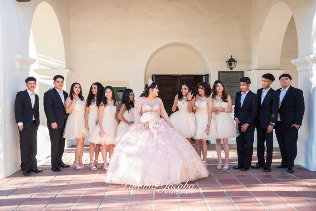 Quinceanera photo shoot with Damas and Chambelanes at the Junipero Serra Museum in San Diego